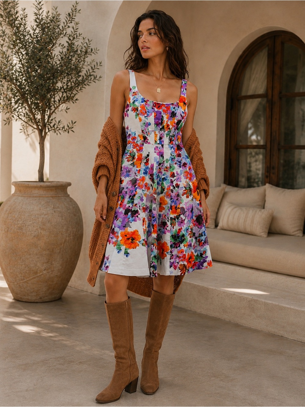 Nine West Floral A- Line Dress Soft Gray/Multicolor - Size 10